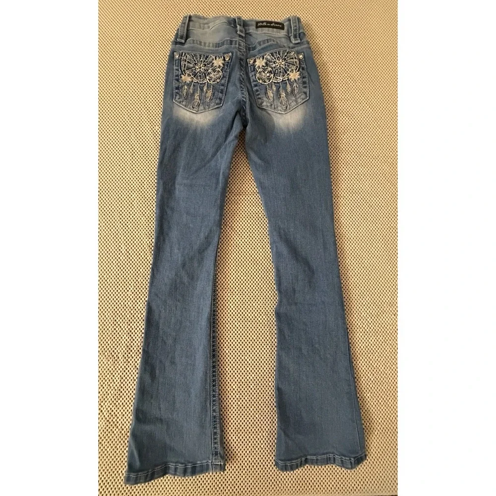 Stella In Dreams Jeans Sz 0 Mid Rise Boot Cut Bootcut Embroidered Thick Stitch